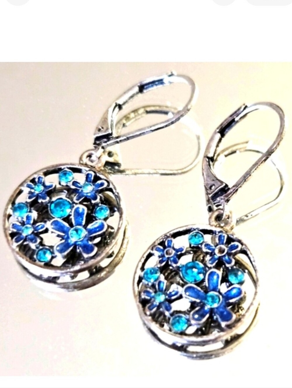 Blue Floral Silver Toned Earrings